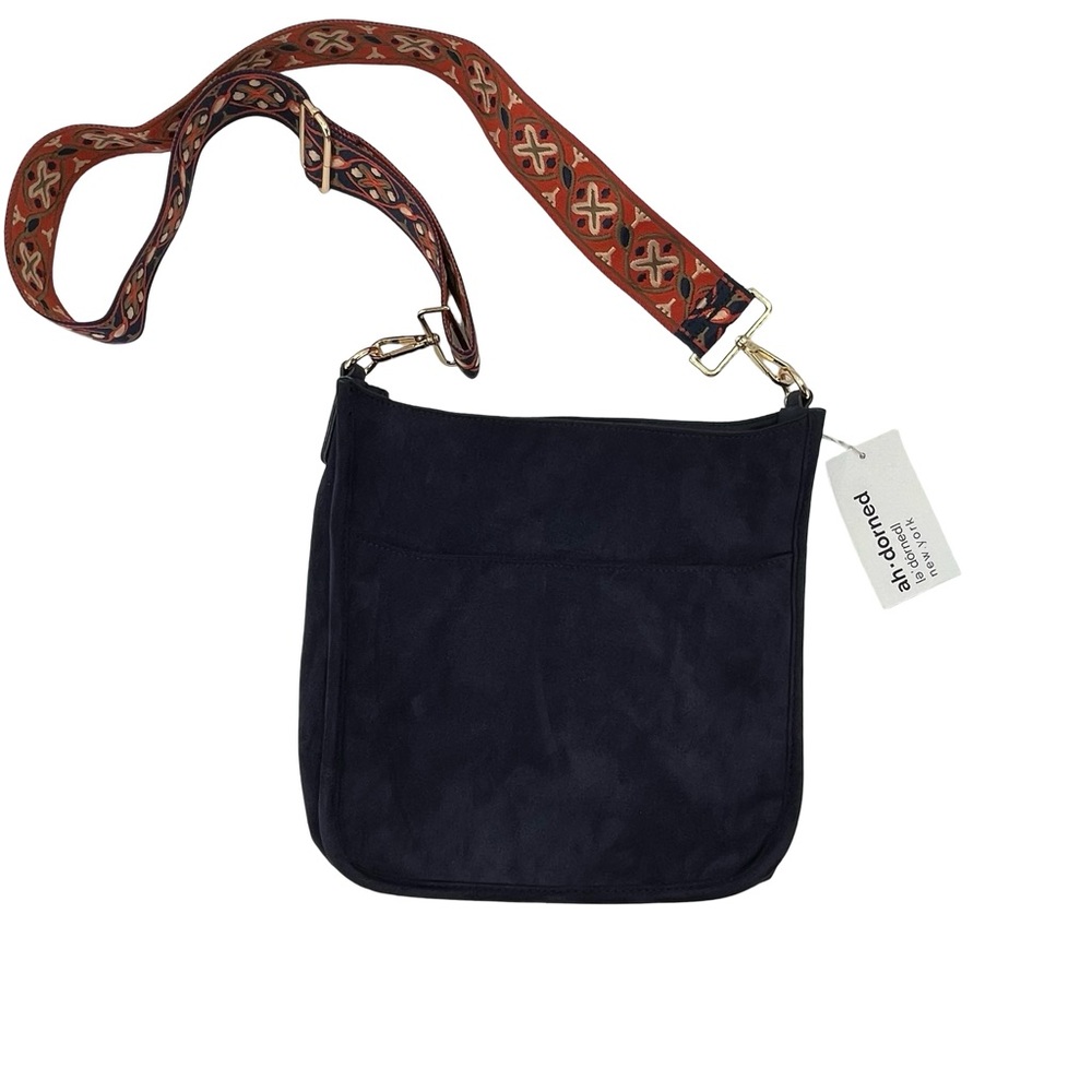 Chic Navy Suede Shoulder Bag with Patterned Strap